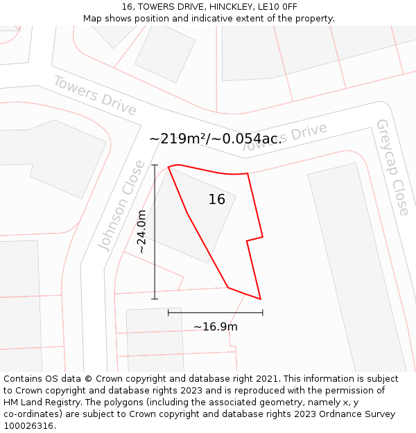 16, TOWERS DRIVE, HINCKLEY, LE10 0FF: Plot and title map