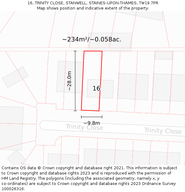 16, TRINITY CLOSE, STANWELL, STAINES-UPON-THAMES, TW19 7PR: Plot and title map