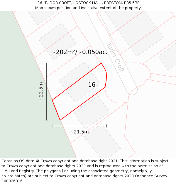 16, TUDOR CROFT, LOSTOCK HALL, PRESTON, PR5 5BF: Plot and title map