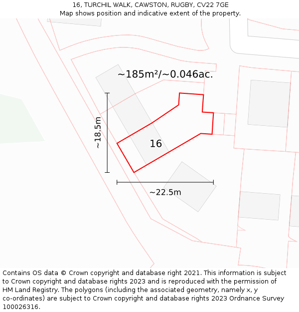 16, TURCHIL WALK, CAWSTON, RUGBY, CV22 7GE: Plot and title map