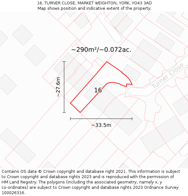 16, TURNER CLOSE, MARKET WEIGHTON, YORK, YO43 3AD: Plot and title map