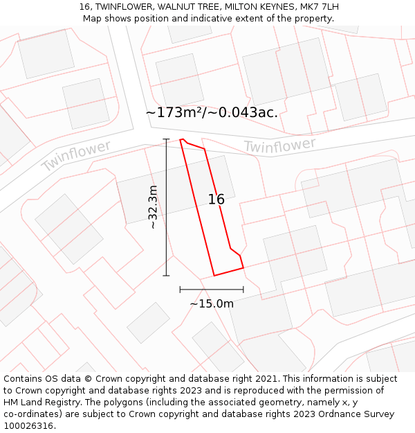 16, TWINFLOWER, WALNUT TREE, MILTON KEYNES, MK7 7LH: Plot and title map