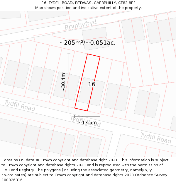 16, TYDFIL ROAD, BEDWAS, CAERPHILLY, CF83 8EF: Plot and title map