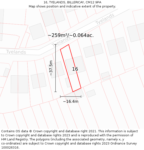 16, TYELANDS, BILLERICAY, CM12 9PA: Plot and title map