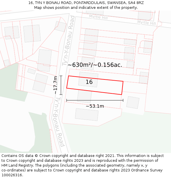 16, TYN Y BONAU ROAD, PONTARDDULAIS, SWANSEA, SA4 8RZ: Plot and title map