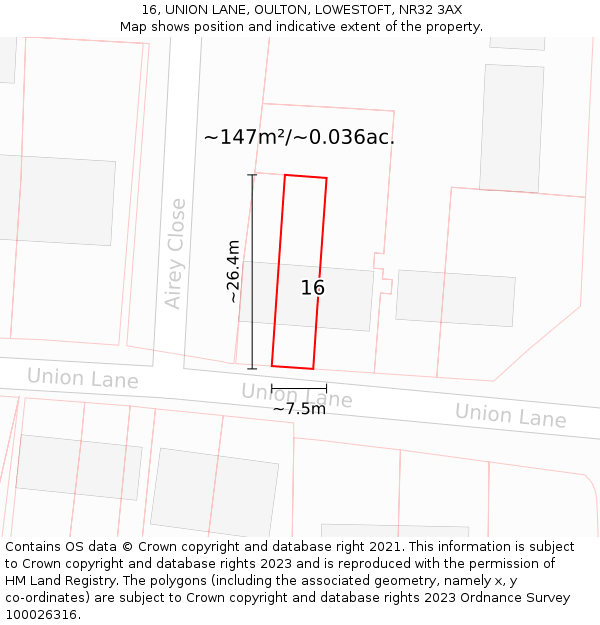 16, UNION LANE, OULTON, LOWESTOFT, NR32 3AX: Plot and title map