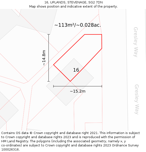 16, UPLANDS, STEVENAGE, SG2 7DN: Plot and title map