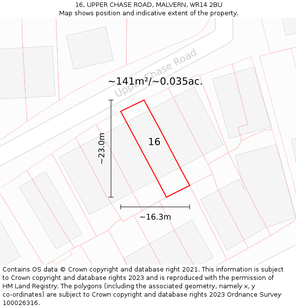 16, UPPER CHASE ROAD, MALVERN, WR14 2BU: Plot and title map