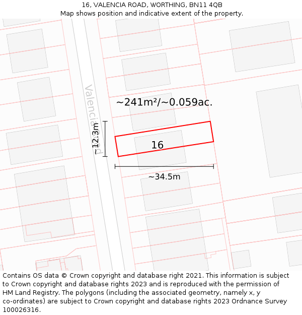 16, VALENCIA ROAD, WORTHING, BN11 4QB: Plot and title map