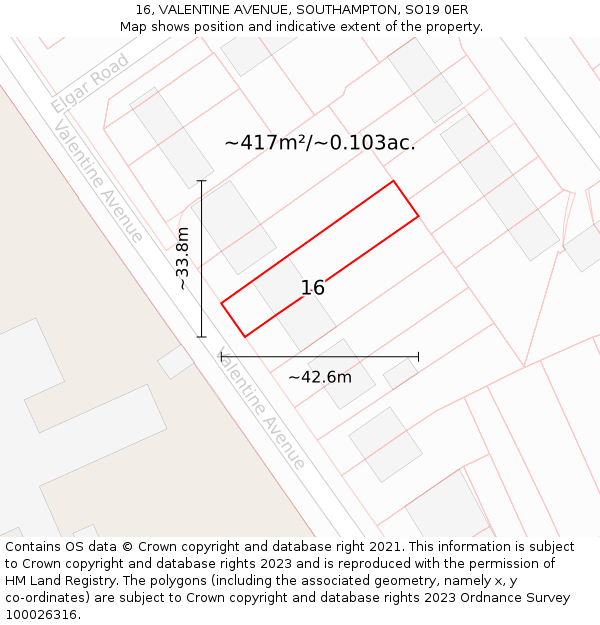 16, VALENTINE AVENUE, SOUTHAMPTON, SO19 0ER: Plot and title map