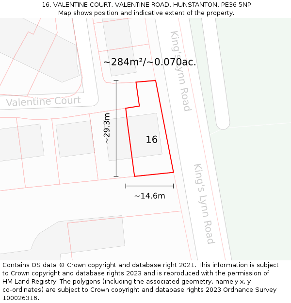 16, VALENTINE COURT, VALENTINE ROAD, HUNSTANTON, PE36 5NP: Plot and title map