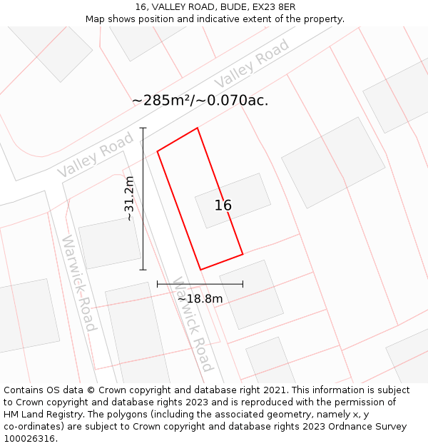 16, VALLEY ROAD, BUDE, EX23 8ER: Plot and title map