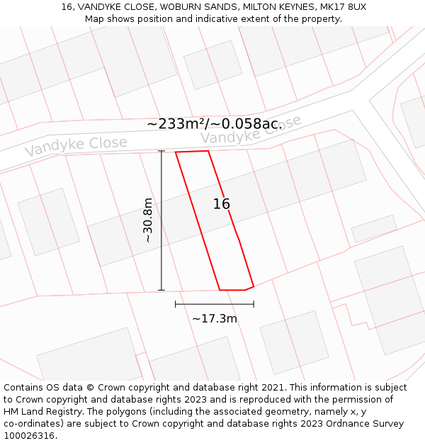 16, VANDYKE CLOSE, WOBURN SANDS, MILTON KEYNES, MK17 8UX: Plot and title map