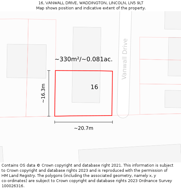 16, VANWALL DRIVE, WADDINGTON, LINCOLN, LN5 9LT: Plot and title map