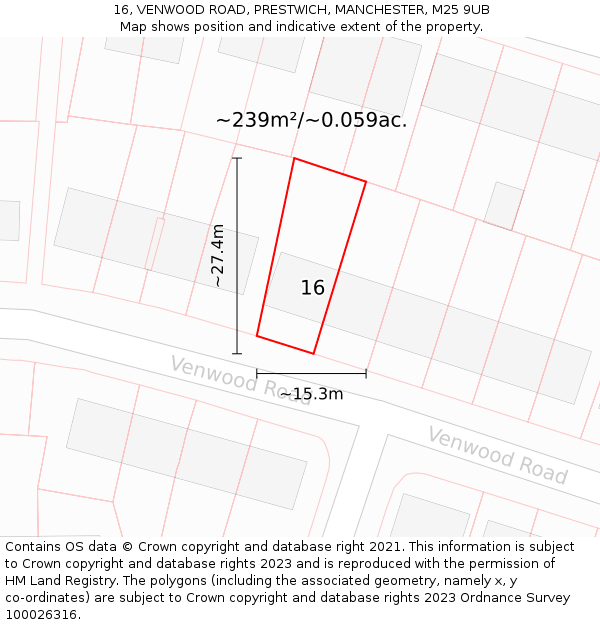 16, VENWOOD ROAD, PRESTWICH, MANCHESTER, M25 9UB: Plot and title map