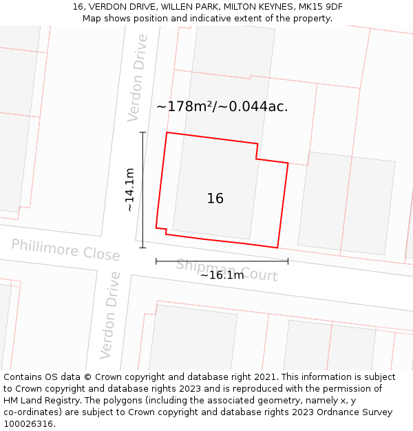 16, VERDON DRIVE, WILLEN PARK, MILTON KEYNES, MK15 9DF: Plot and title map