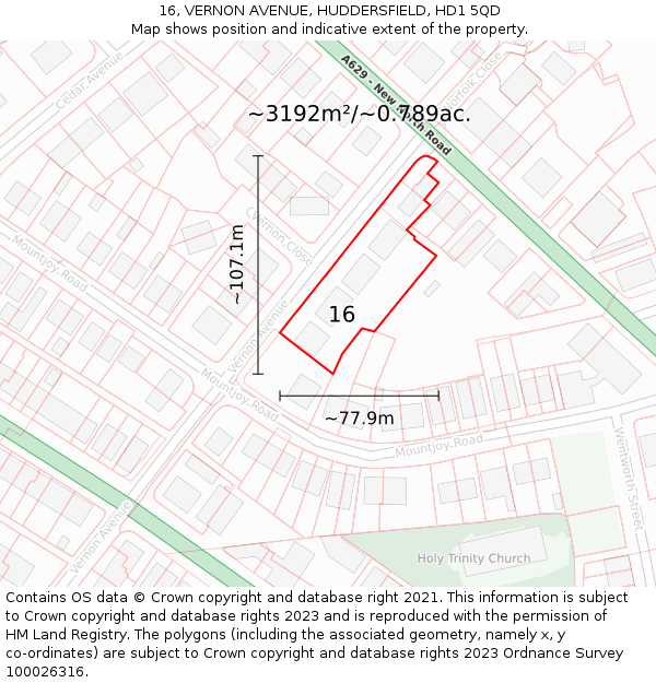 16, VERNON AVENUE, HUDDERSFIELD, HD1 5QD: Plot and title map