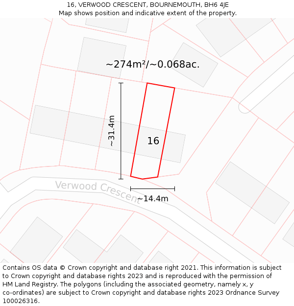 16, VERWOOD CRESCENT, BOURNEMOUTH, BH6 4JE: Plot and title map