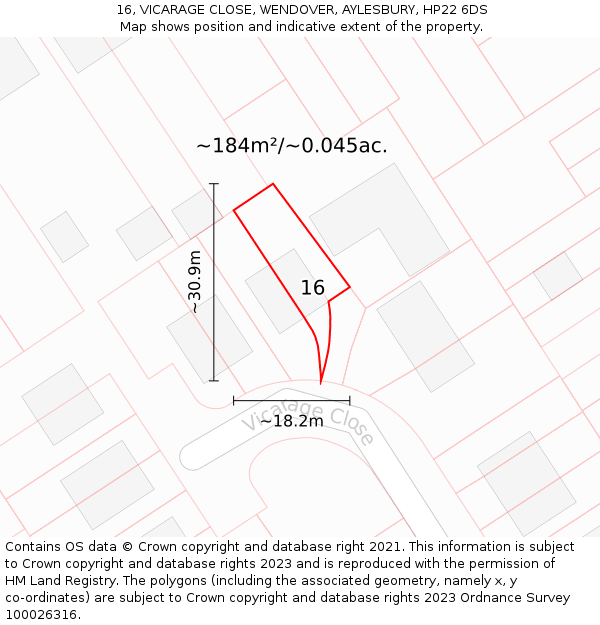 16, VICARAGE CLOSE, WENDOVER, AYLESBURY, HP22 6DS: Plot and title map