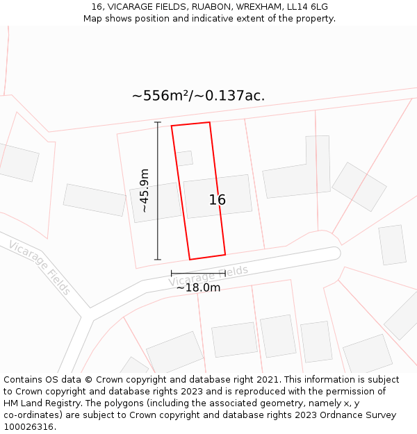 16, VICARAGE FIELDS, RUABON, WREXHAM, LL14 6LG: Plot and title map