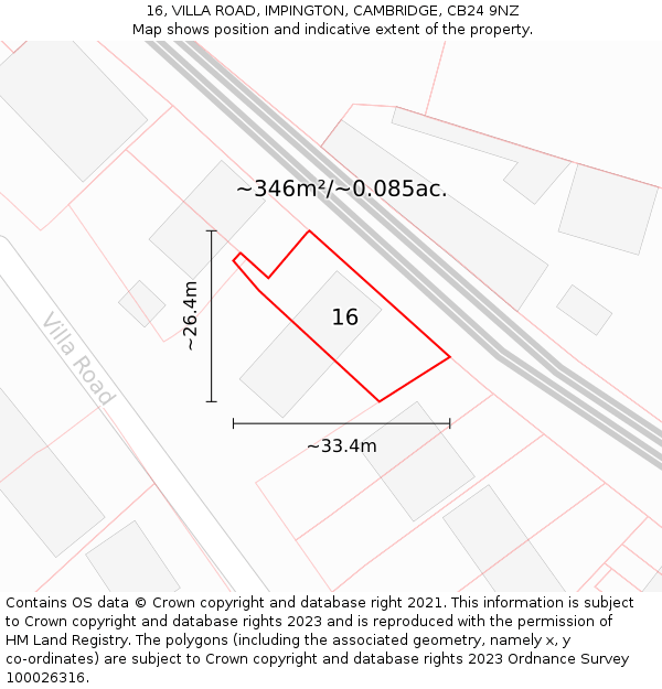 16, VILLA ROAD, IMPINGTON, CAMBRIDGE, CB24 9NZ: Plot and title map