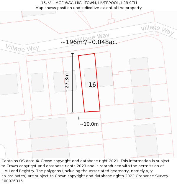 16, VILLAGE WAY, HIGHTOWN, LIVERPOOL, L38 9EH: Plot and title map