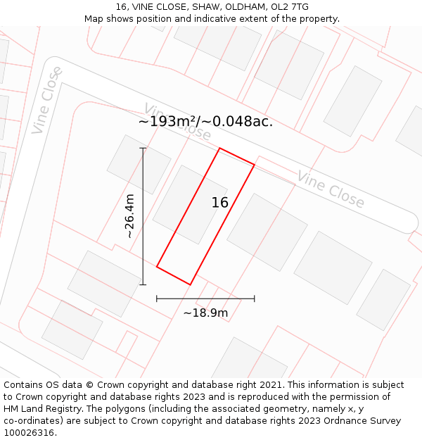 16, VINE CLOSE, SHAW, OLDHAM, OL2 7TG: Plot and title map