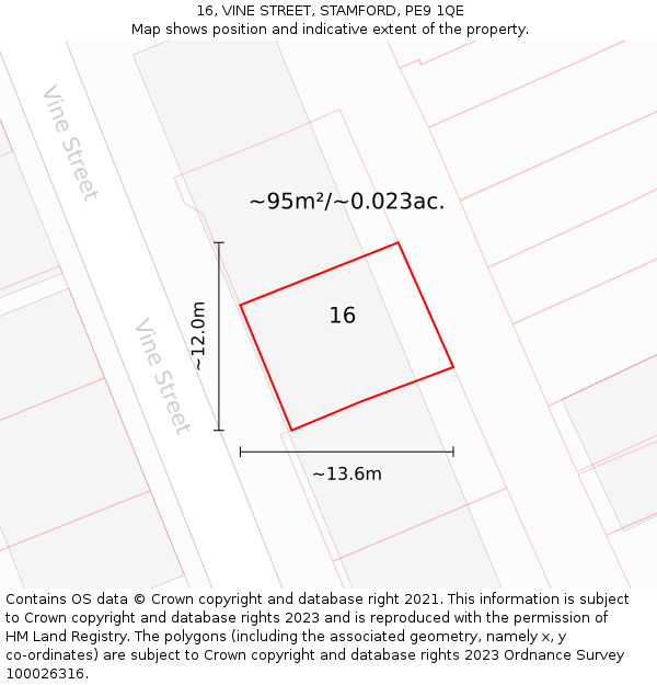 16, VINE STREET, STAMFORD, PE9 1QE: Plot and title map
