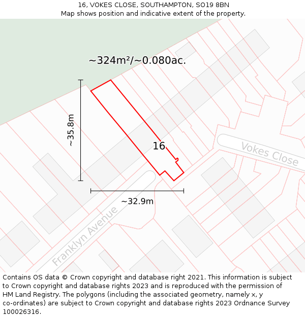16, VOKES CLOSE, SOUTHAMPTON, SO19 8BN: Plot and title map