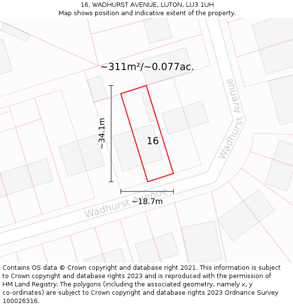 16, WADHURST AVENUE, LUTON, LU3 1UH: Plot and title map