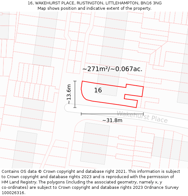 16, WAKEHURST PLACE, RUSTINGTON, LITTLEHAMPTON, BN16 3NG: Plot and title map