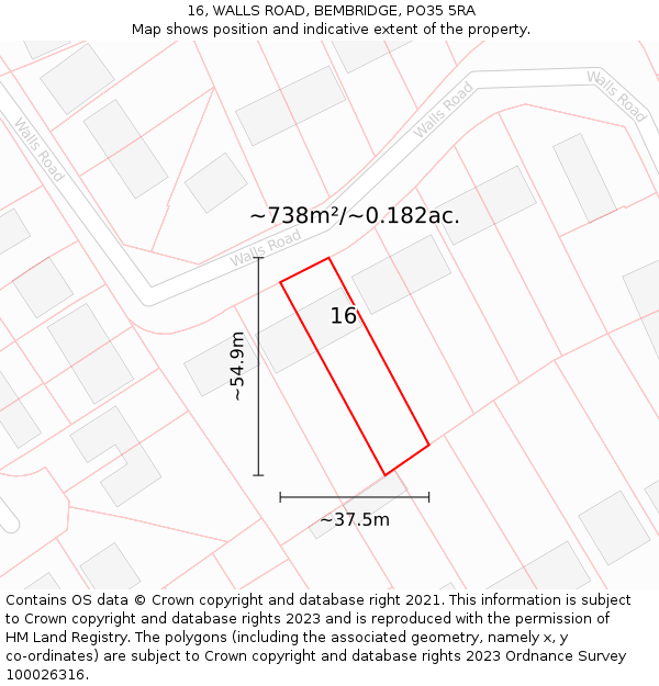 16, WALLS ROAD, BEMBRIDGE, PO35 5RA: Plot and title map