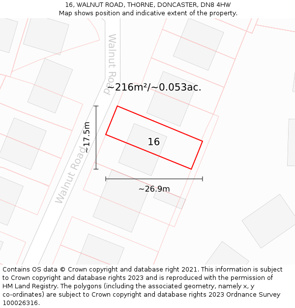 16, WALNUT ROAD, THORNE, DONCASTER, DN8 4HW: Plot and title map