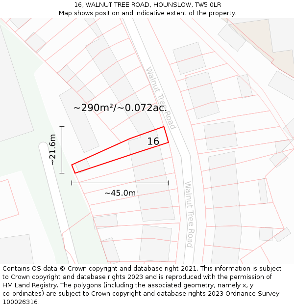 16, WALNUT TREE ROAD, HOUNSLOW, TW5 0LR: Plot and title map