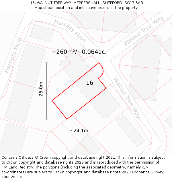 16, WALNUT TREE WAY, MEPPERSHALL, SHEFFORD, SG17 5AB: Plot and title map