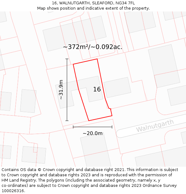 16, WALNUTGARTH, SLEAFORD, NG34 7FL: Plot and title map