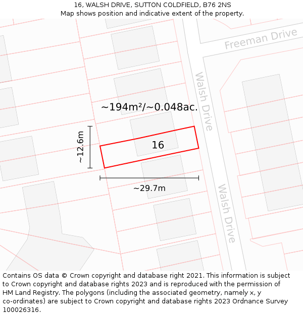 16, WALSH DRIVE, SUTTON COLDFIELD, B76 2NS: Plot and title map