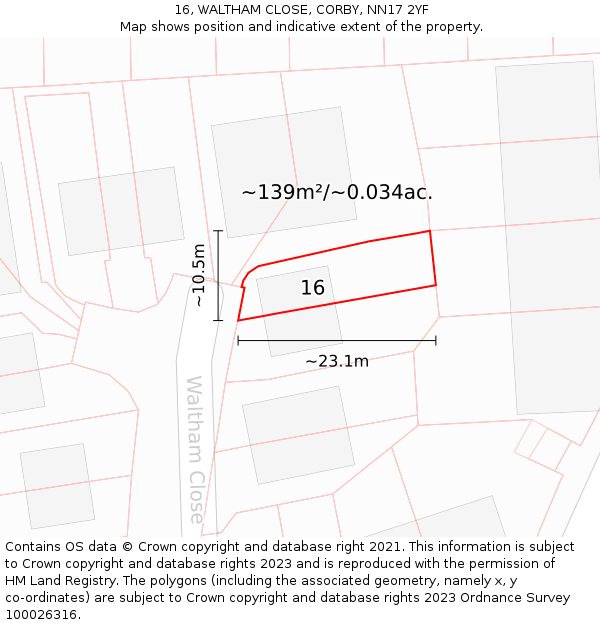 16, WALTHAM CLOSE, CORBY, NN17 2YF: Plot and title map