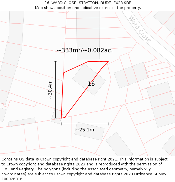 16, WARD CLOSE, STRATTON, BUDE, EX23 9BB: Plot and title map