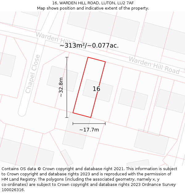 16, WARDEN HILL ROAD, LUTON, LU2 7AF: Plot and title map