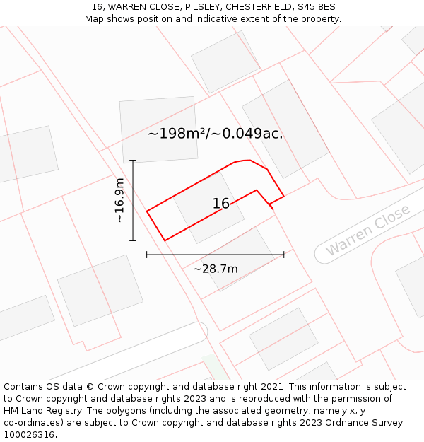16, WARREN CLOSE, PILSLEY, CHESTERFIELD, S45 8ES: Plot and title map
