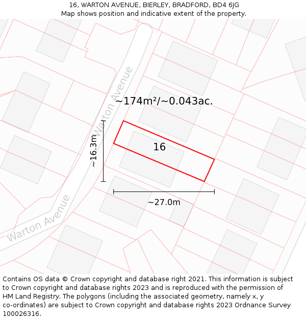 16, WARTON AVENUE, BIERLEY, BRADFORD, BD4 6JG: Plot and title map