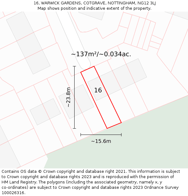 16, WARWICK GARDENS, COTGRAVE, NOTTINGHAM, NG12 3LJ: Plot and title map
