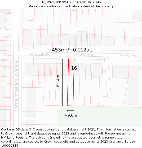 16, WARWICK ROAD, READING, RG2 7AX: Plot and title map