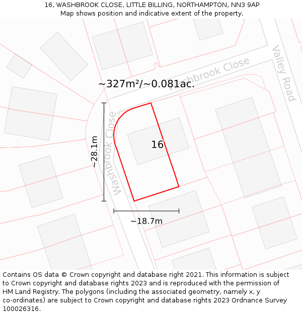 16, WASHBROOK CLOSE, LITTLE BILLING, NORTHAMPTON, NN3 9AP: Plot and title map