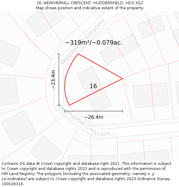 16, WEATHERHILL CRESCENT, HUDDERSFIELD, HD3 3QZ: Plot and title map