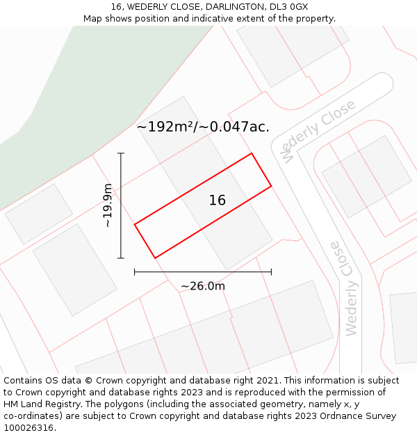 16, WEDERLY CLOSE, DARLINGTON, DL3 0GX: Plot and title map