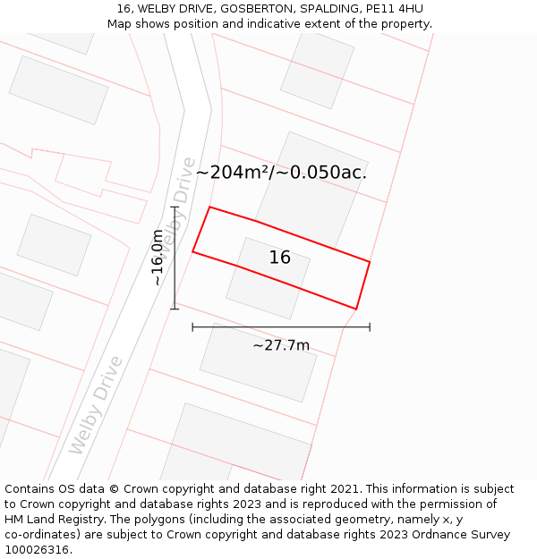 16, WELBY DRIVE, GOSBERTON, SPALDING, PE11 4HU: Plot and title map
