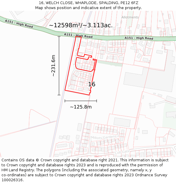 16, WELCH CLOSE, WHAPLODE, SPALDING, PE12 6FZ: Plot and title map