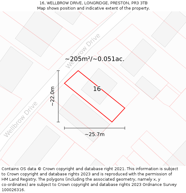 16, WELLBROW DRIVE, LONGRIDGE, PRESTON, PR3 3TB: Plot and title map